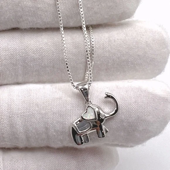 .925 Sterling Silver Elephant Necklace with Lab Opal Heart Ear